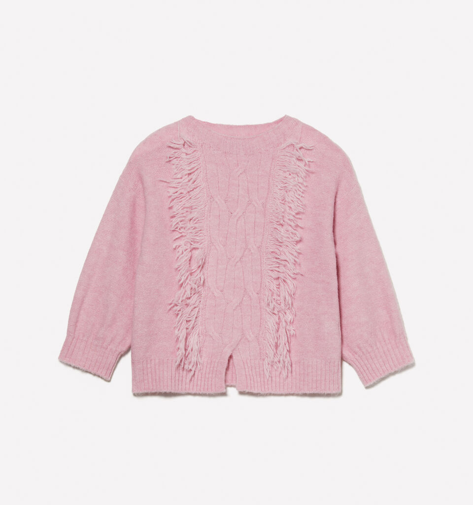 Pink sweater with cable knit and fringes - girls' knitwear - Pink | Sisley Young image number 1